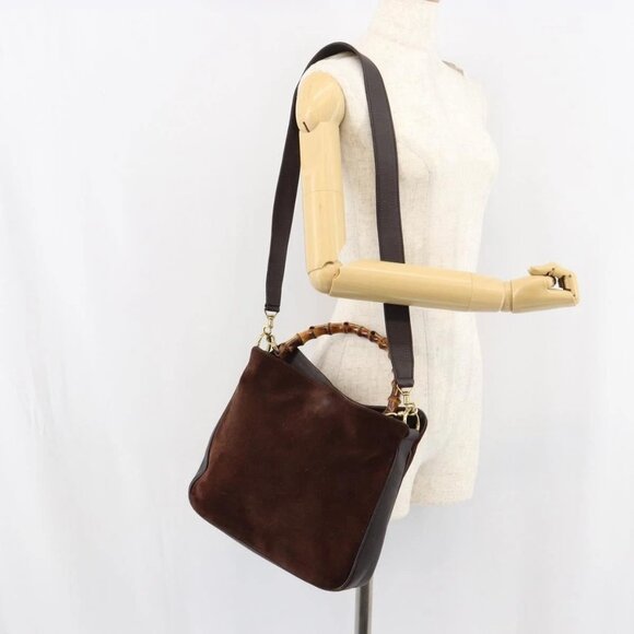 GUCCI Bamboo Shoulder Bag Suede 2way Dark Brown Gold Auth - Picture 14 of 16